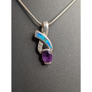 AK Atasay Kuyumculuk Sterling Opal Inlay Amethyst Clear Stone Pendant Necklace